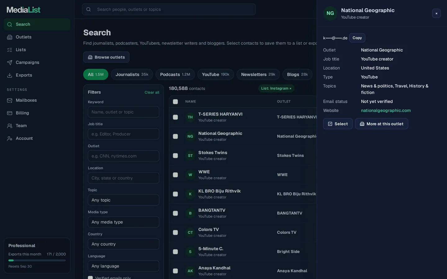 A contact opened in Media List, showing details and an unlocked email