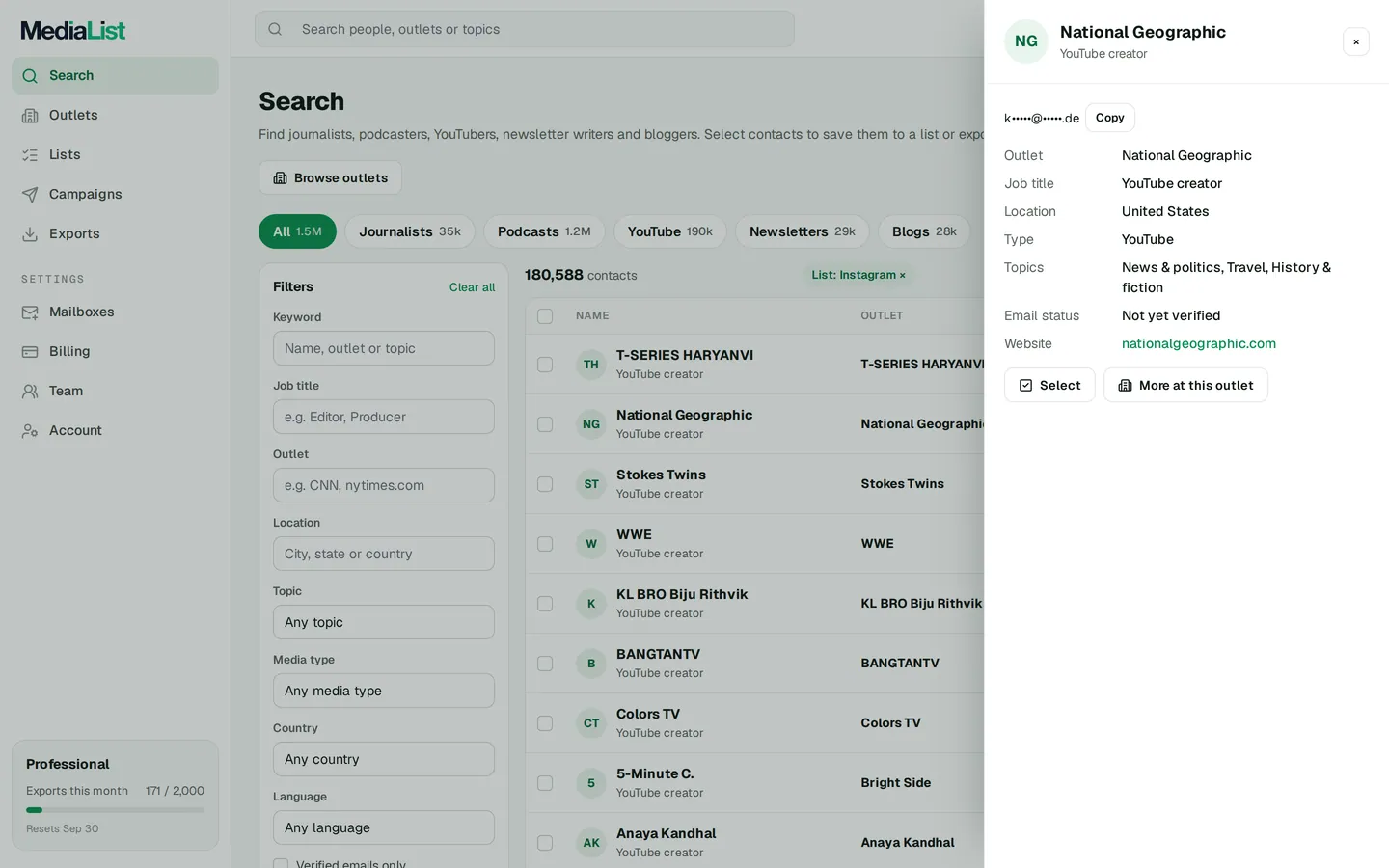 A contact opened in Media List, showing details and an unlocked email
