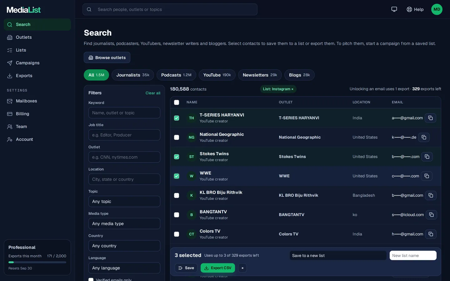 Media List search results with filters, showing contacts and verified emails