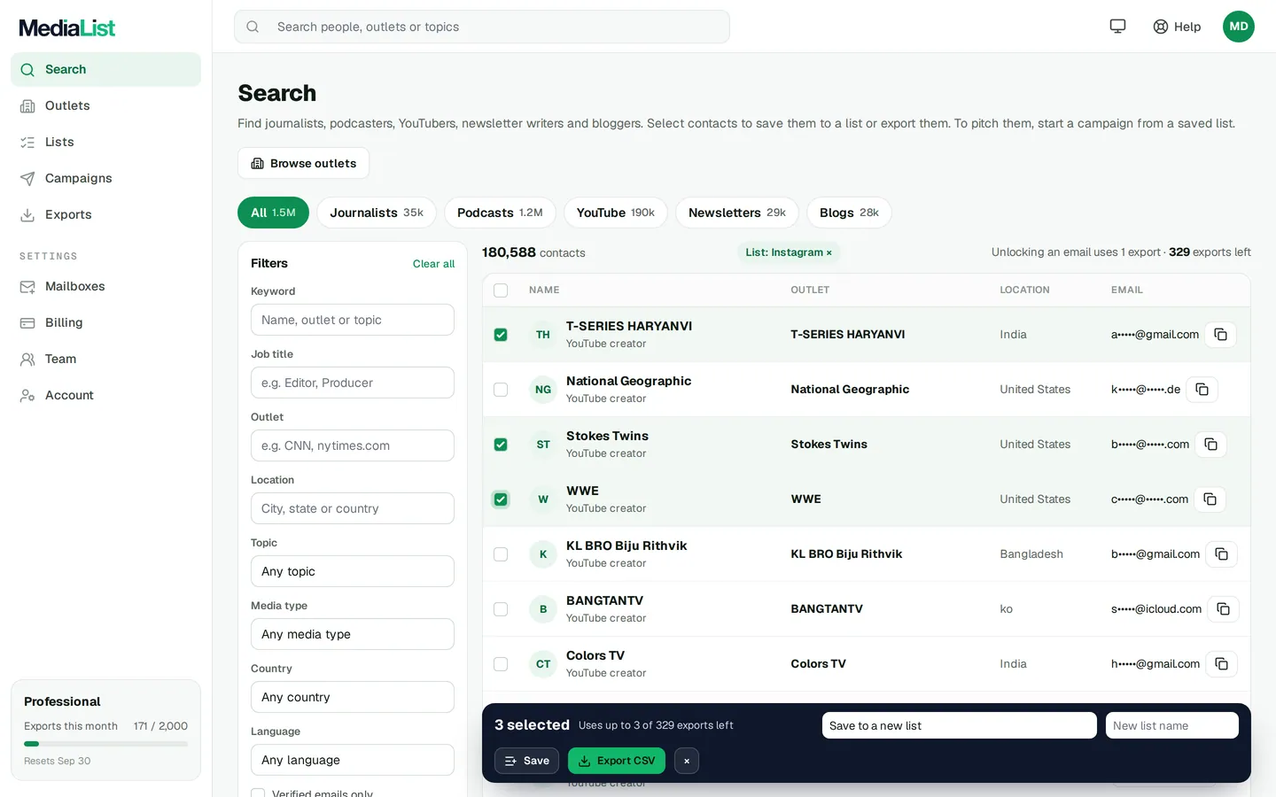Media List search results with filters, showing contacts and verified emails