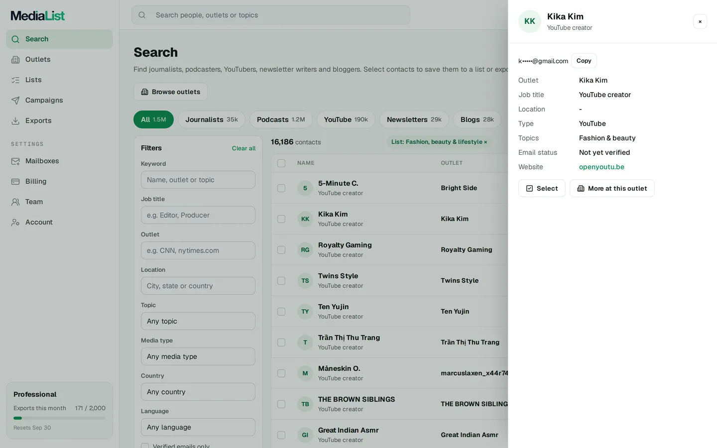 A contact opened in Media List, showing details and an unlocked email