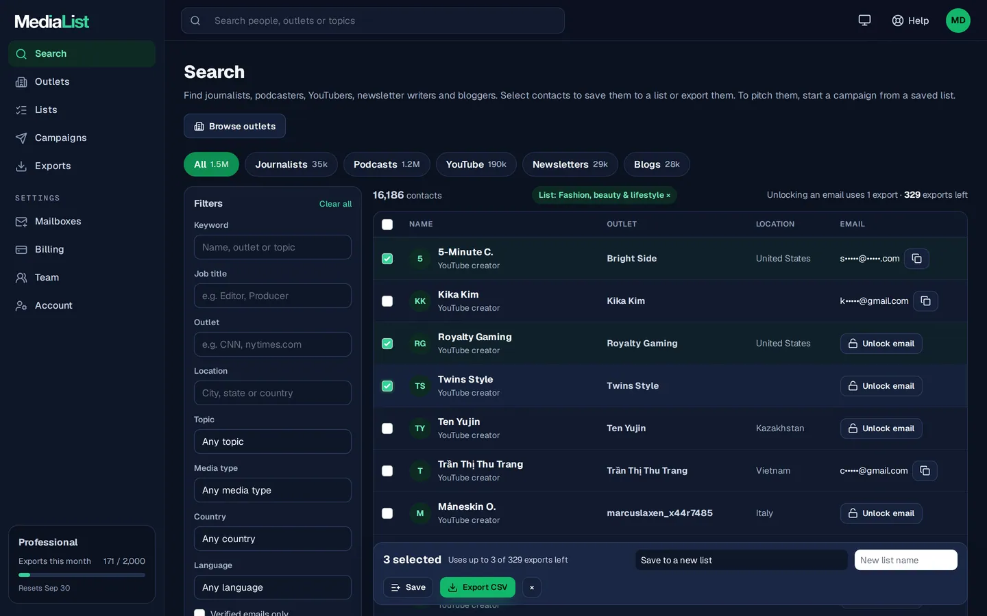 Media List search results with filters, showing contacts and verified emails