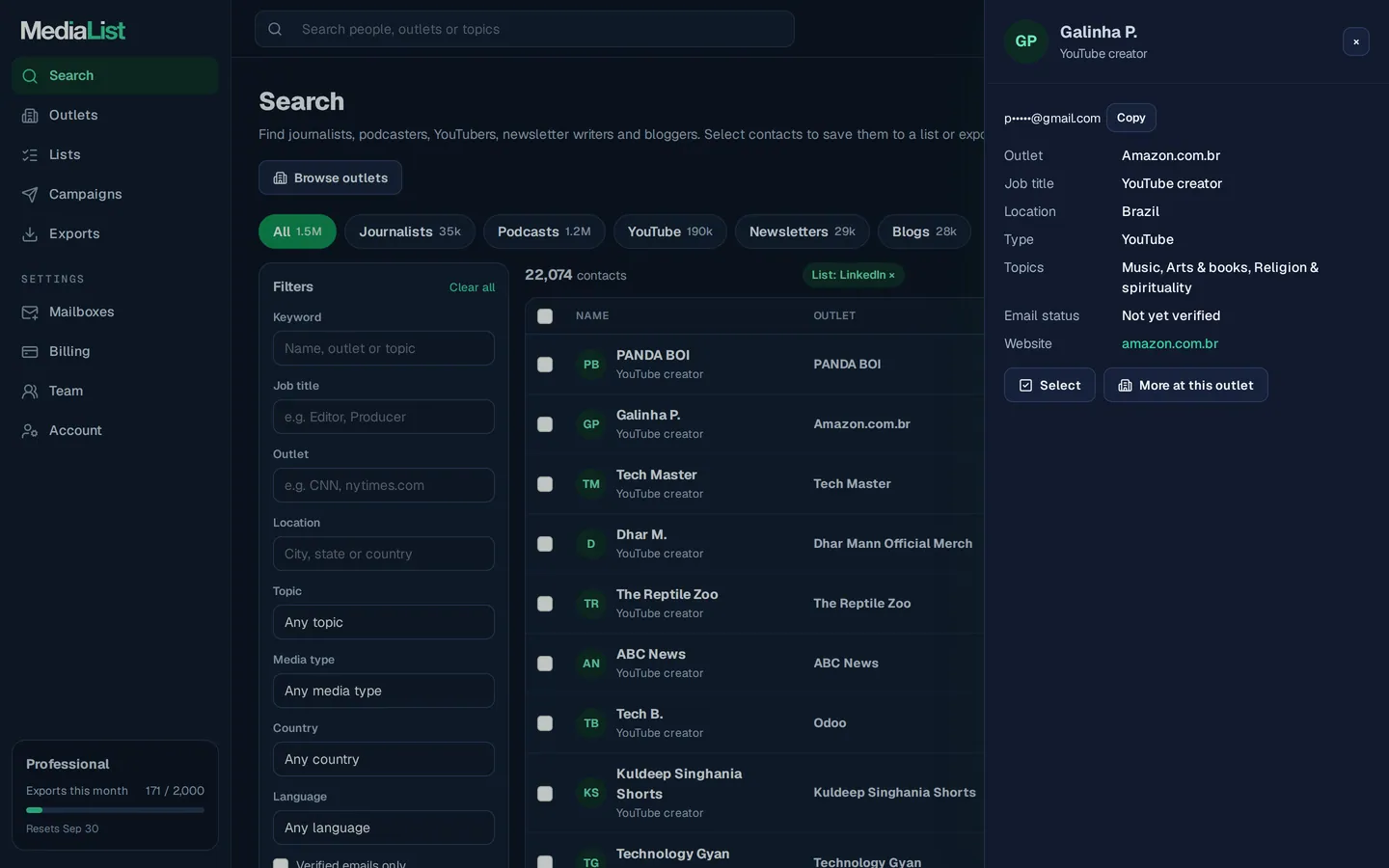 A contact opened in Media List, showing details and an unlocked email
