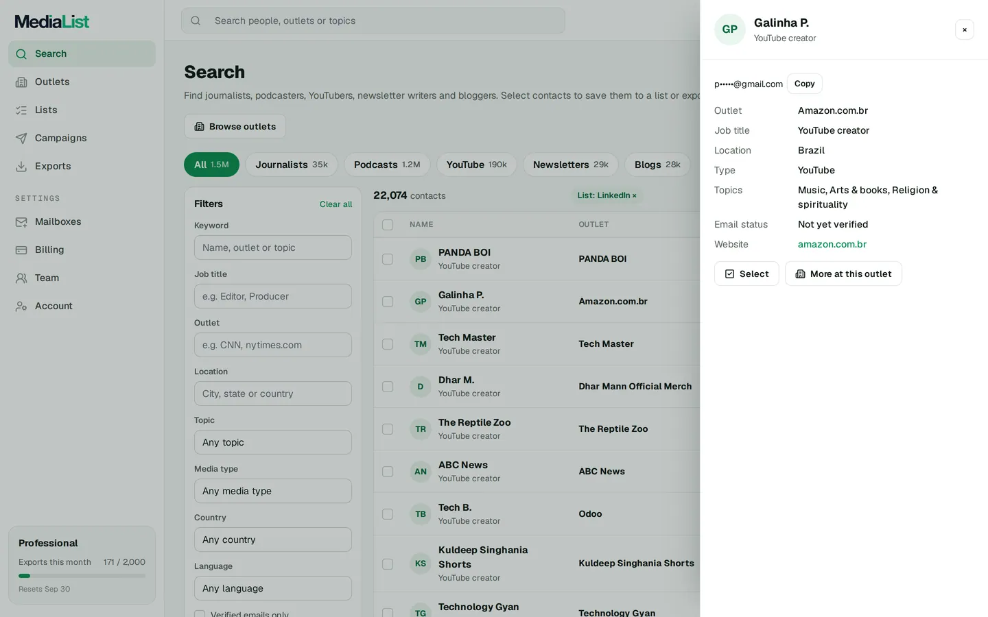 A contact opened in Media List, showing details and an unlocked email