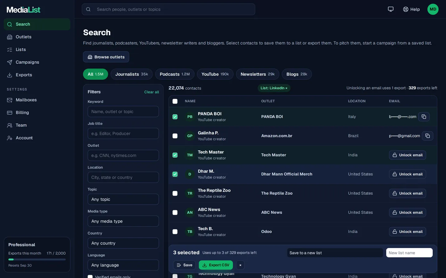 Media List search results with filters, showing contacts and verified emails