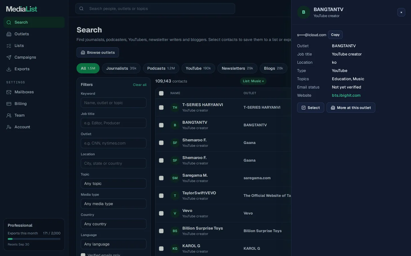 A contact opened in Media List, showing details and an unlocked email