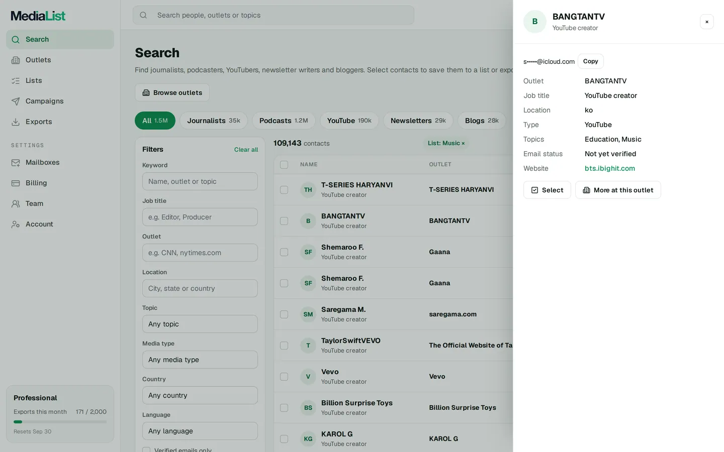 A contact opened in Media List, showing details and an unlocked email