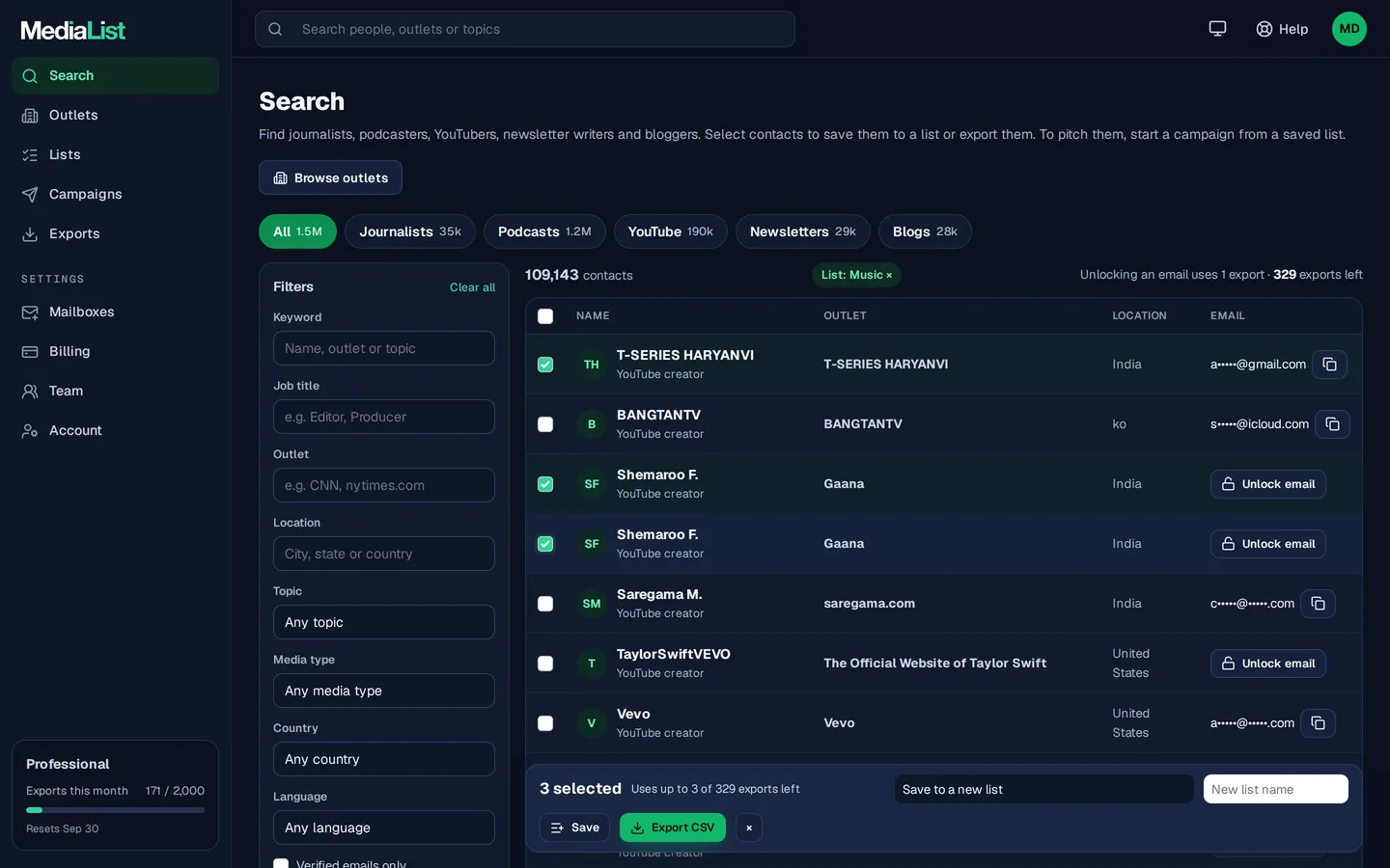 Media List search results with filters, showing contacts and verified emails