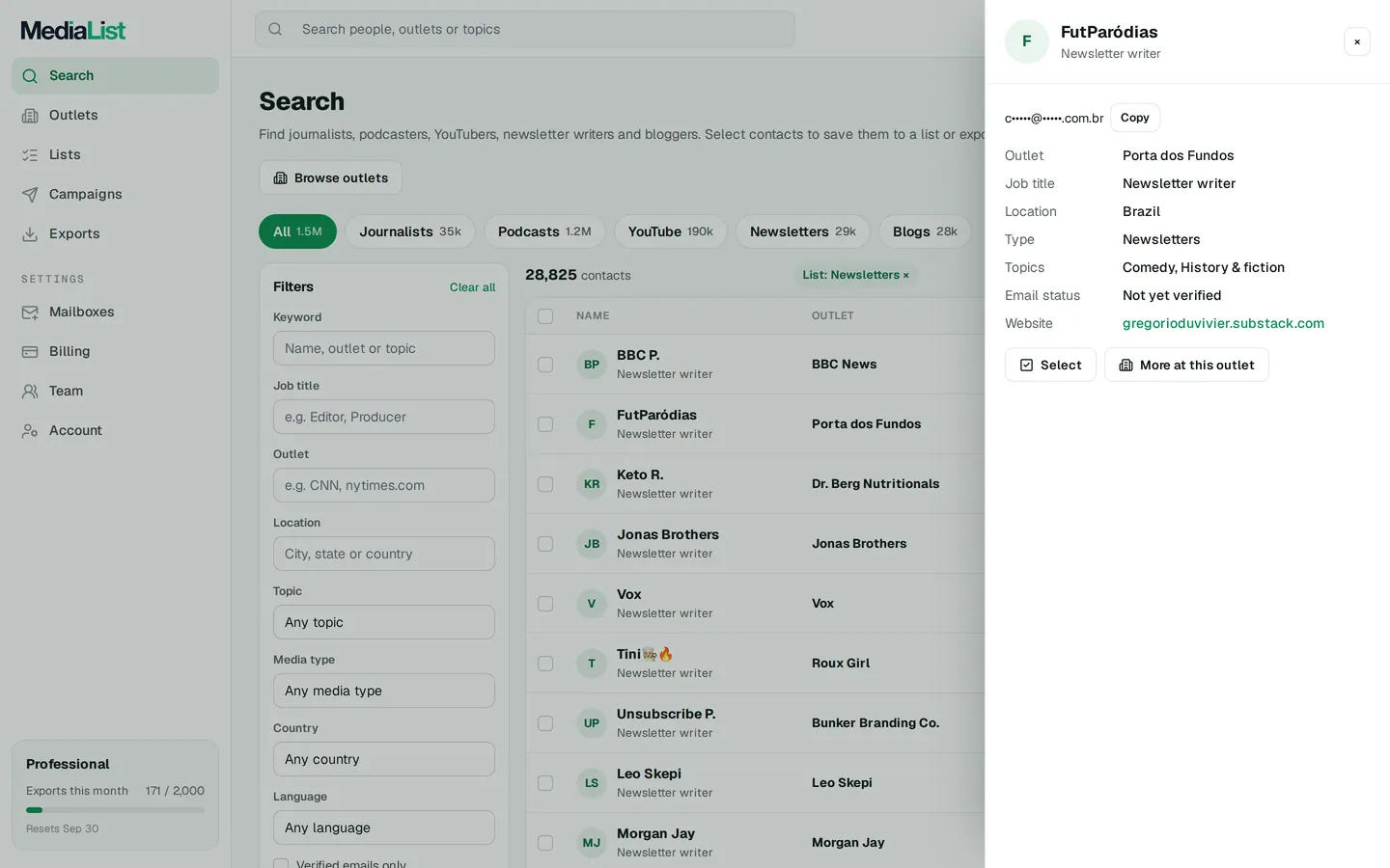A contact opened in Media List, showing details and an unlocked email