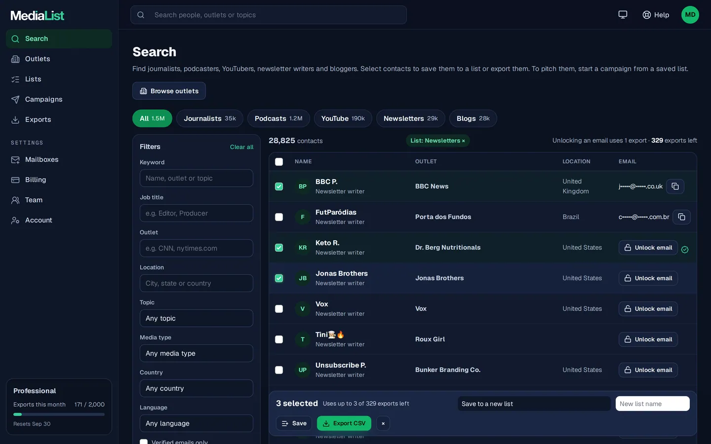 Media List search results with filters, showing contacts and verified emails