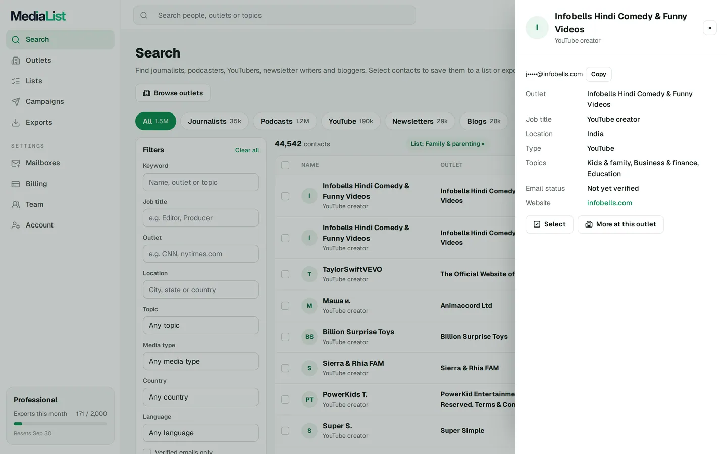 A contact opened in Media List, showing details and an unlocked email