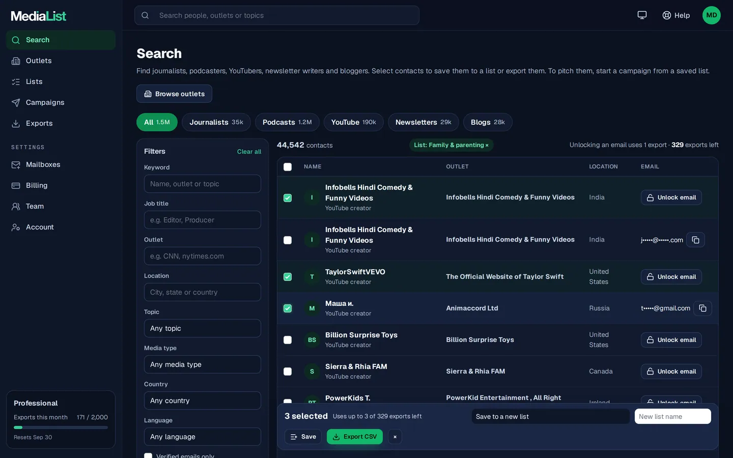 Media List search results with filters, showing contacts and verified emails