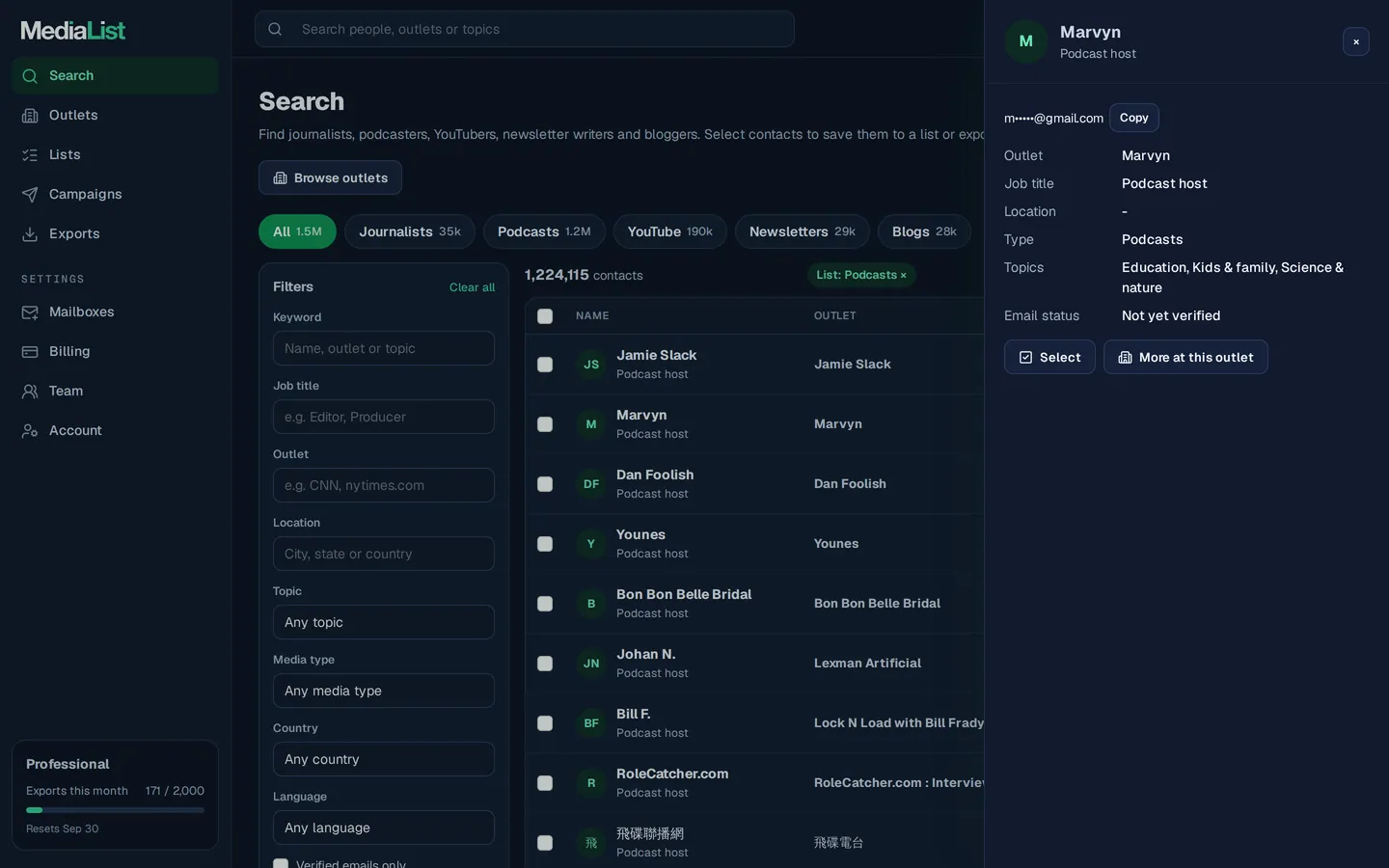 A contact opened in Media List, showing details and an unlocked email