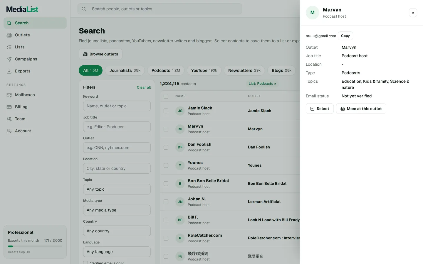 A contact opened in Media List, showing details and an unlocked email