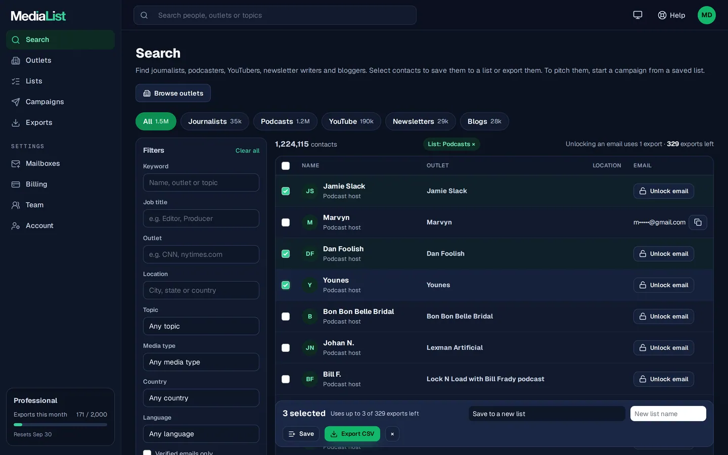 Media List search results with filters, showing contacts and verified emails
