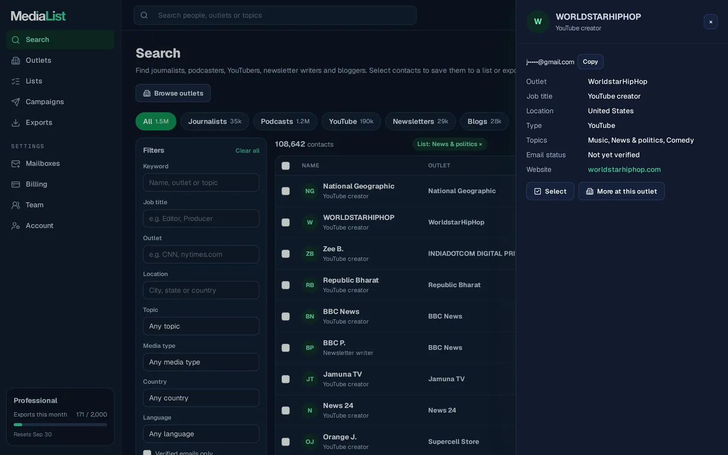 A contact opened in Media List, showing details and an unlocked email