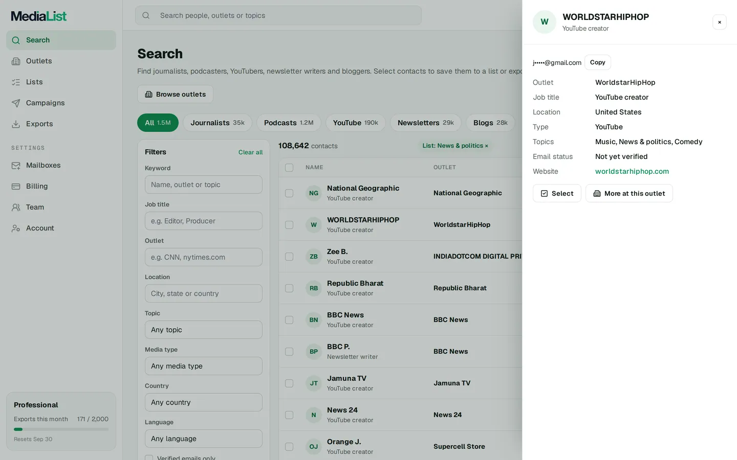 A contact opened in Media List, showing details and an unlocked email