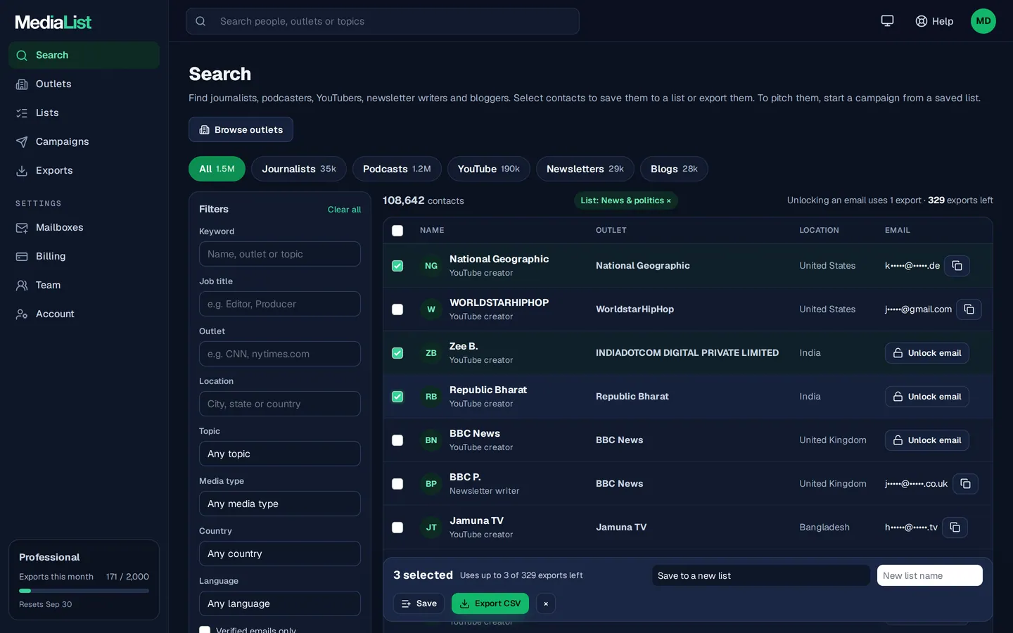 Media List search results with filters, showing contacts and verified emails