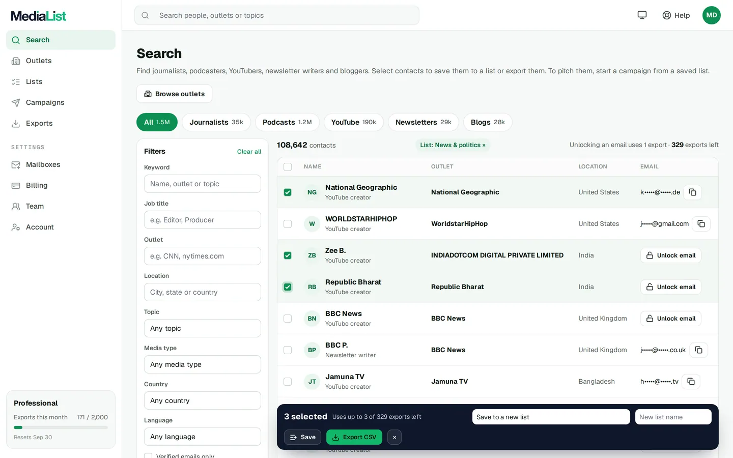 Media List search results with filters, showing contacts and verified emails