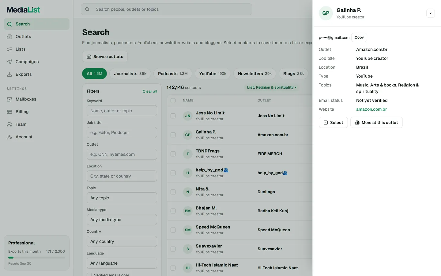A contact opened in Media List, showing details and an unlocked email