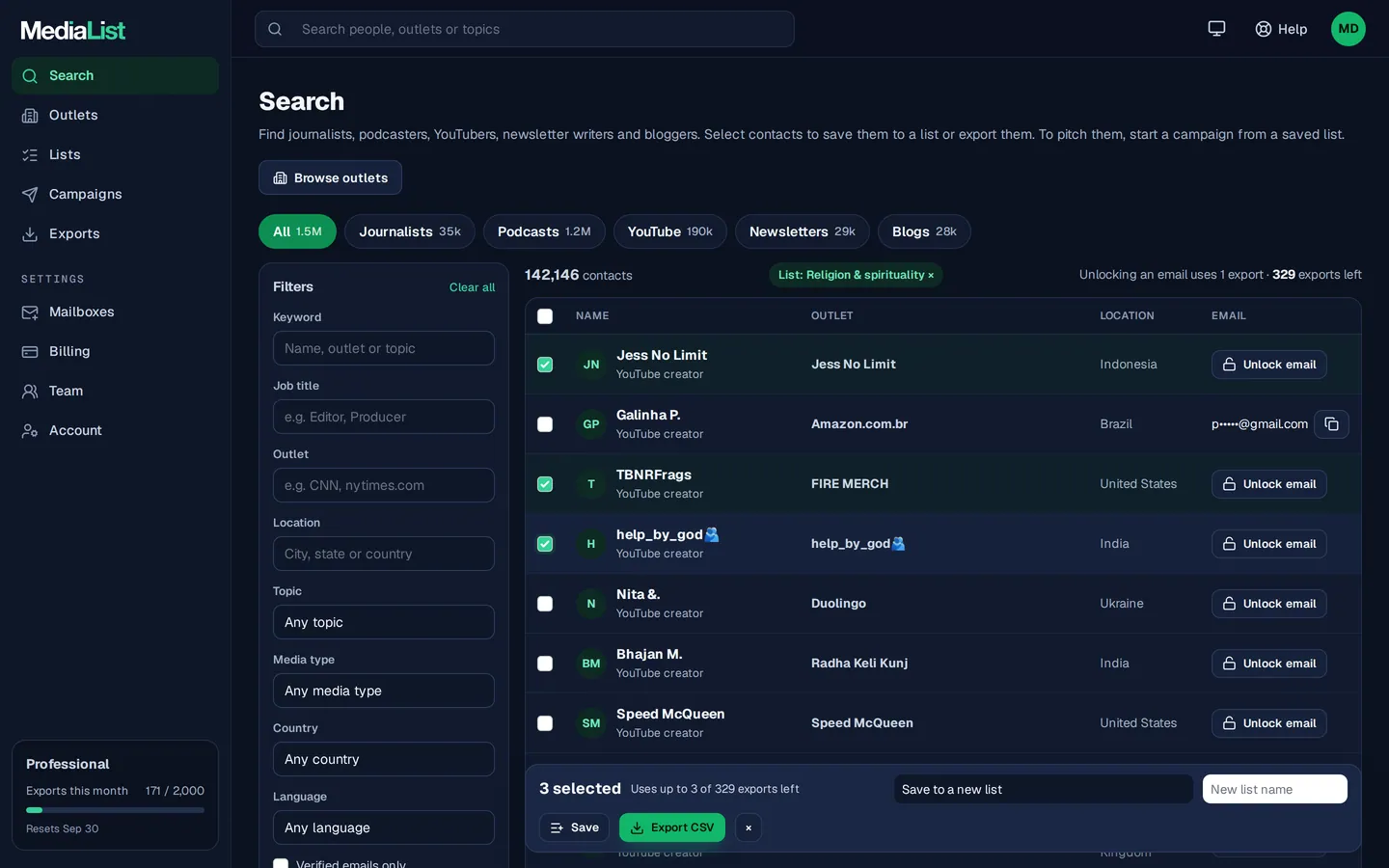 Media List search results with filters, showing contacts and verified emails