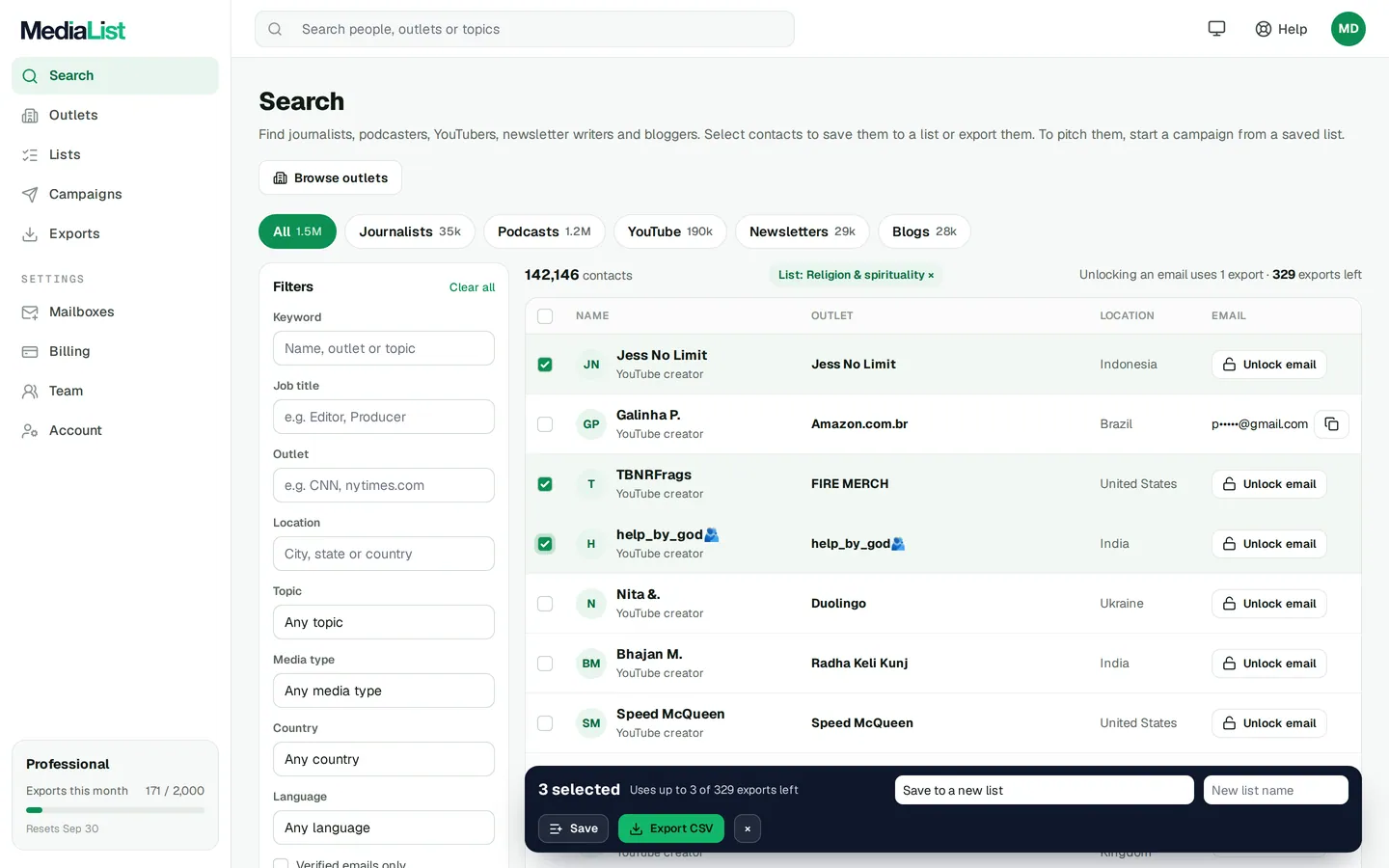Media List search results with filters, showing contacts and verified emails