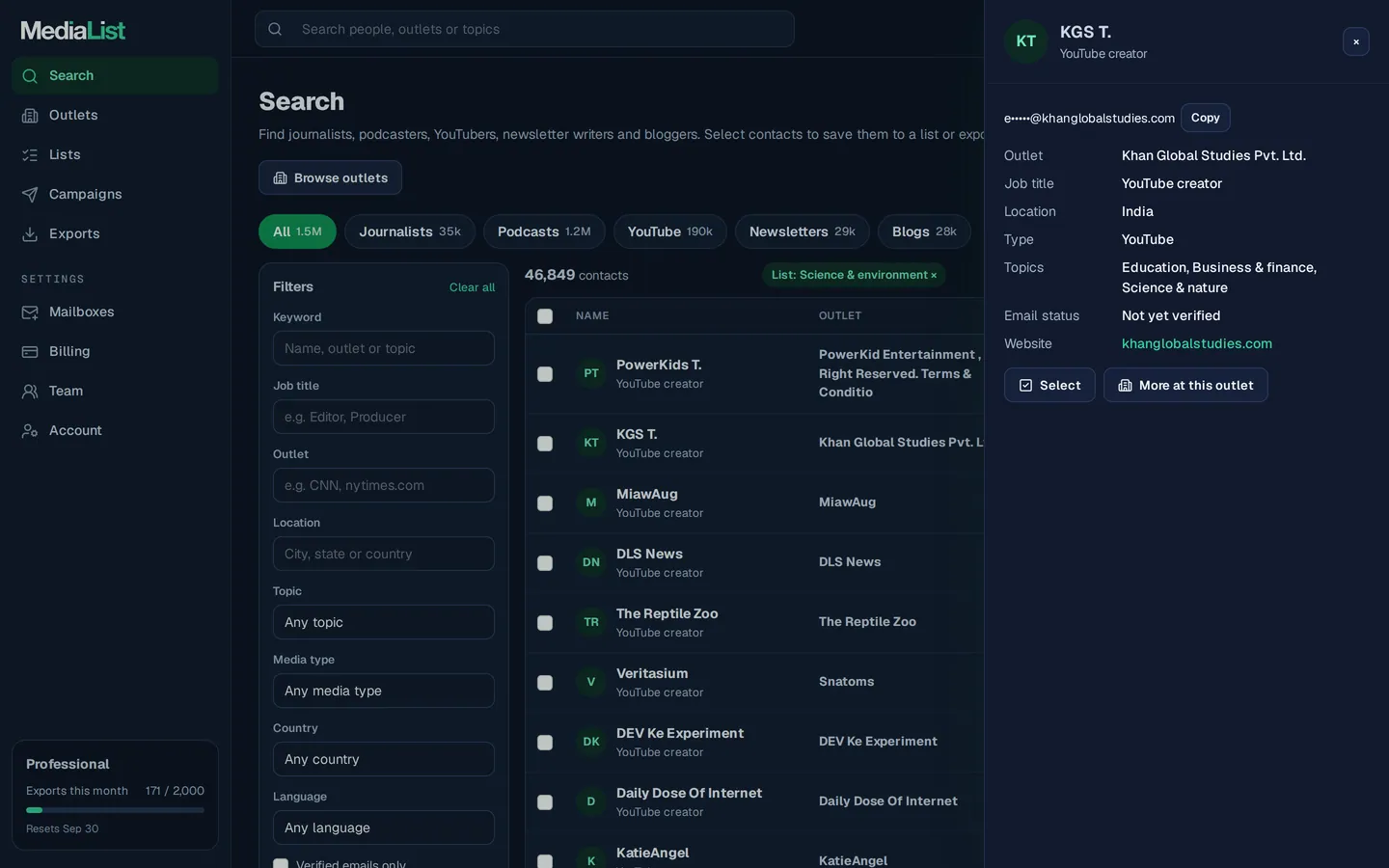 A contact opened in Media List, showing details and an unlocked email