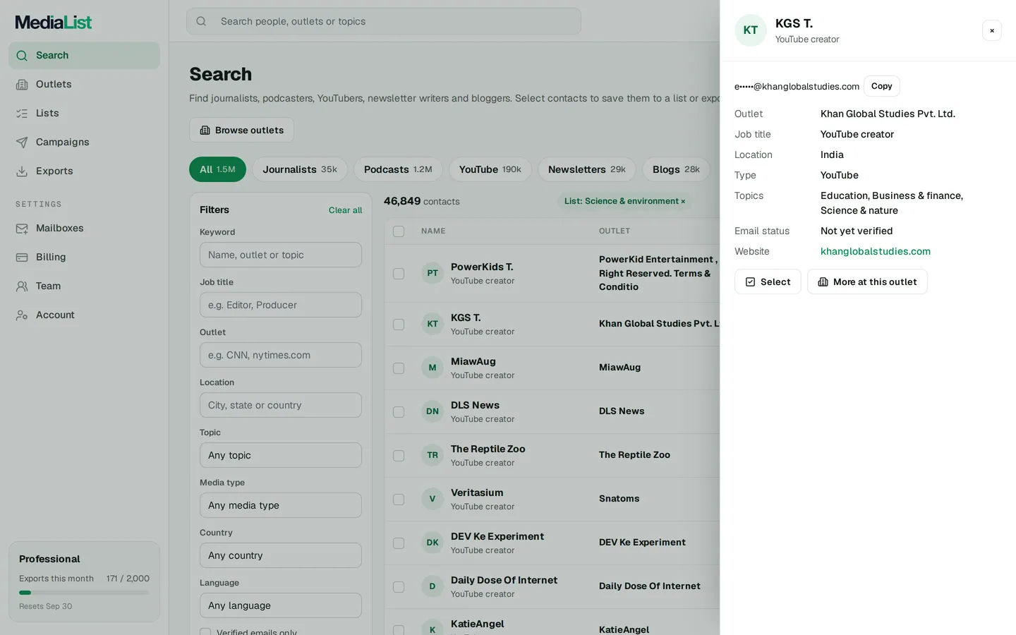 A contact opened in Media List, showing details and an unlocked email
