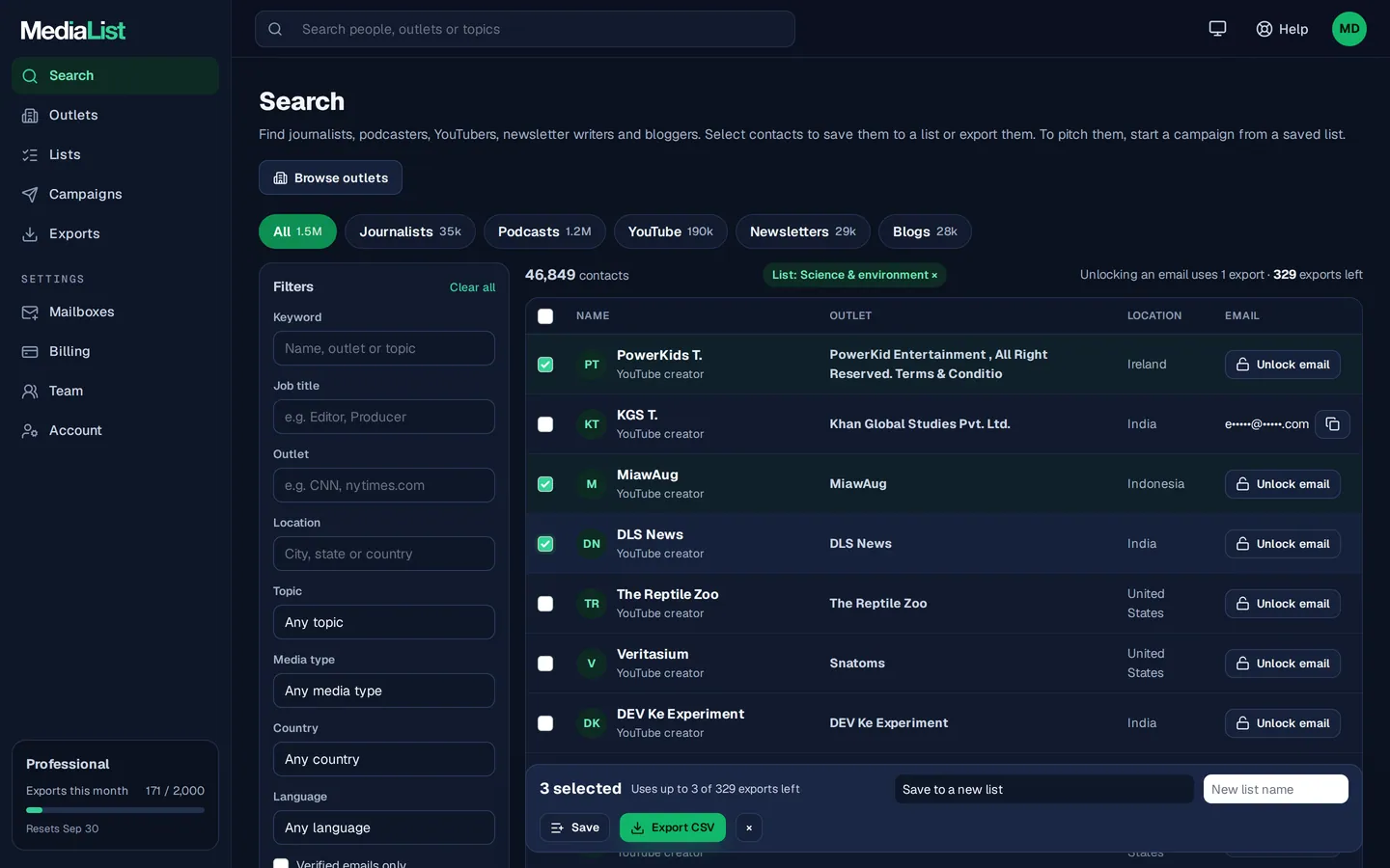 Media List search results with filters, showing contacts and verified emails