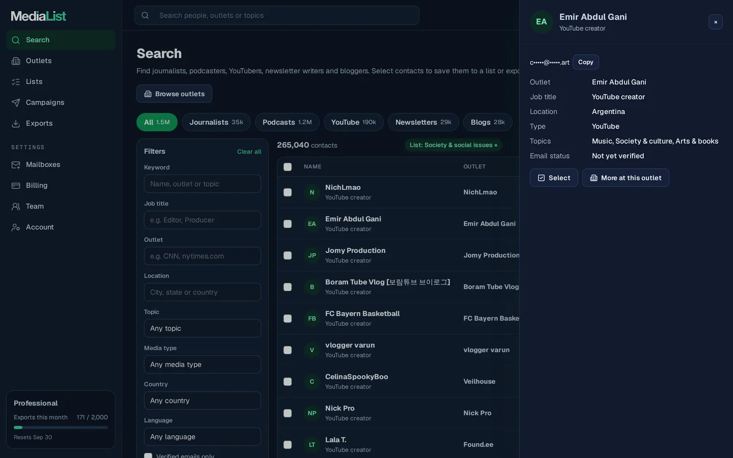 A contact opened in Media List, showing details and an unlocked email