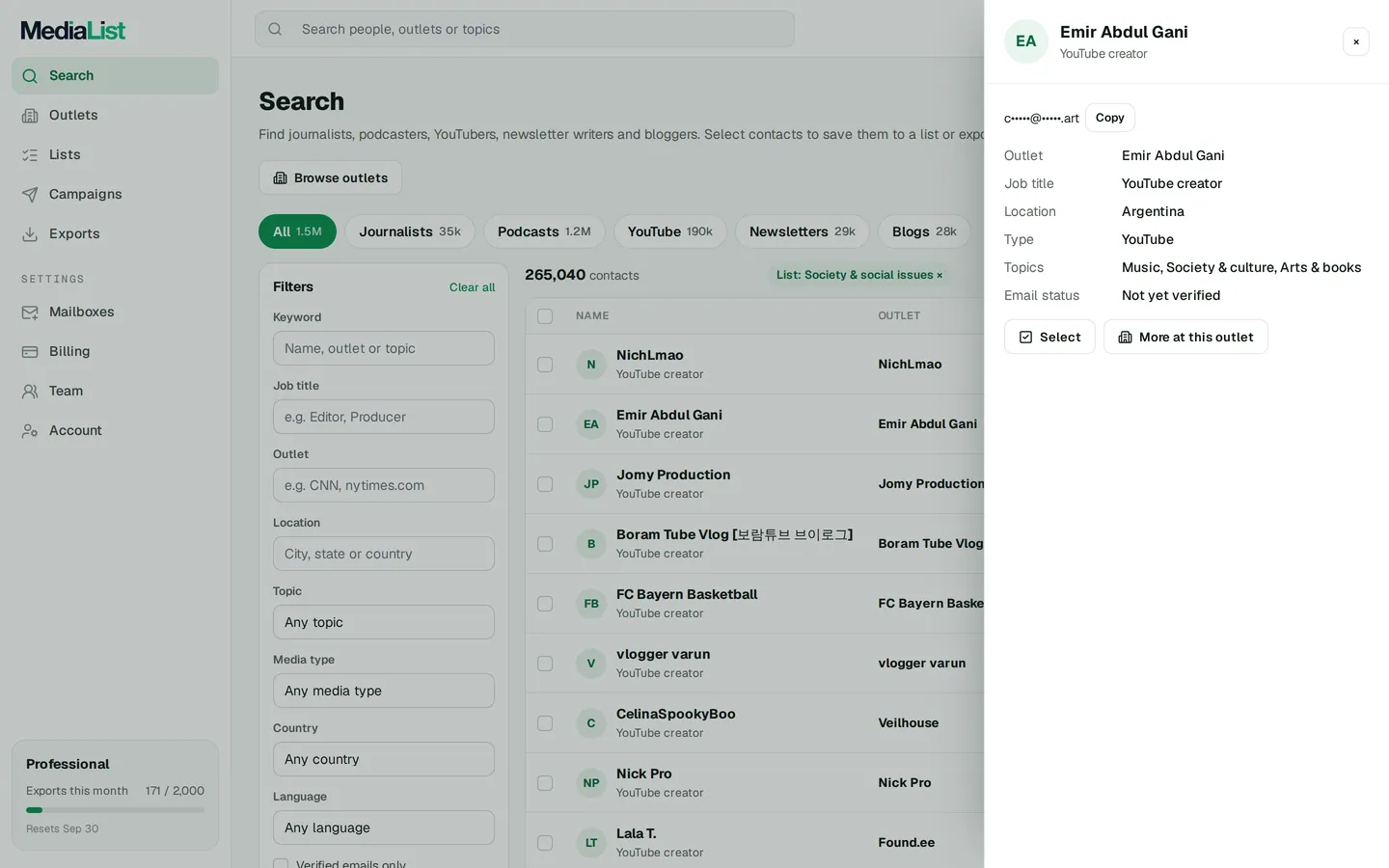 A contact opened in Media List, showing details and an unlocked email