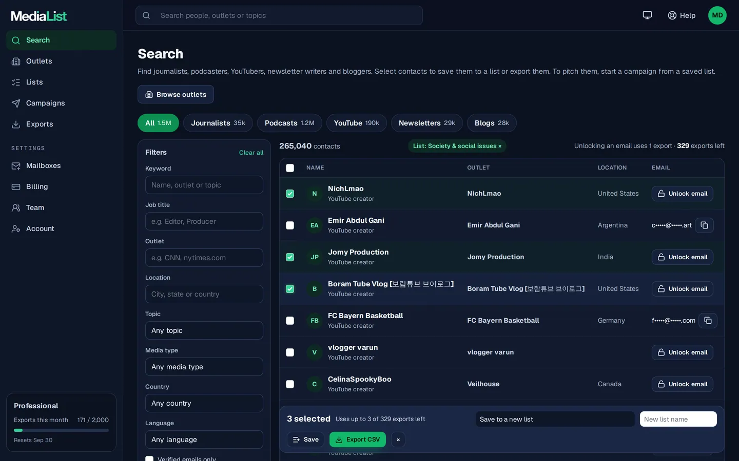 Media List search results with filters, showing contacts and verified emails