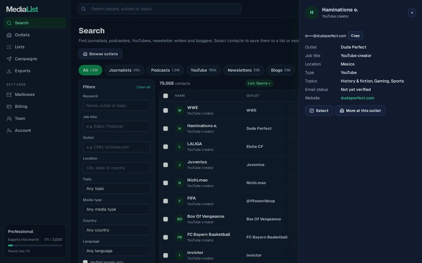 A contact opened in Media List, showing details and an unlocked email