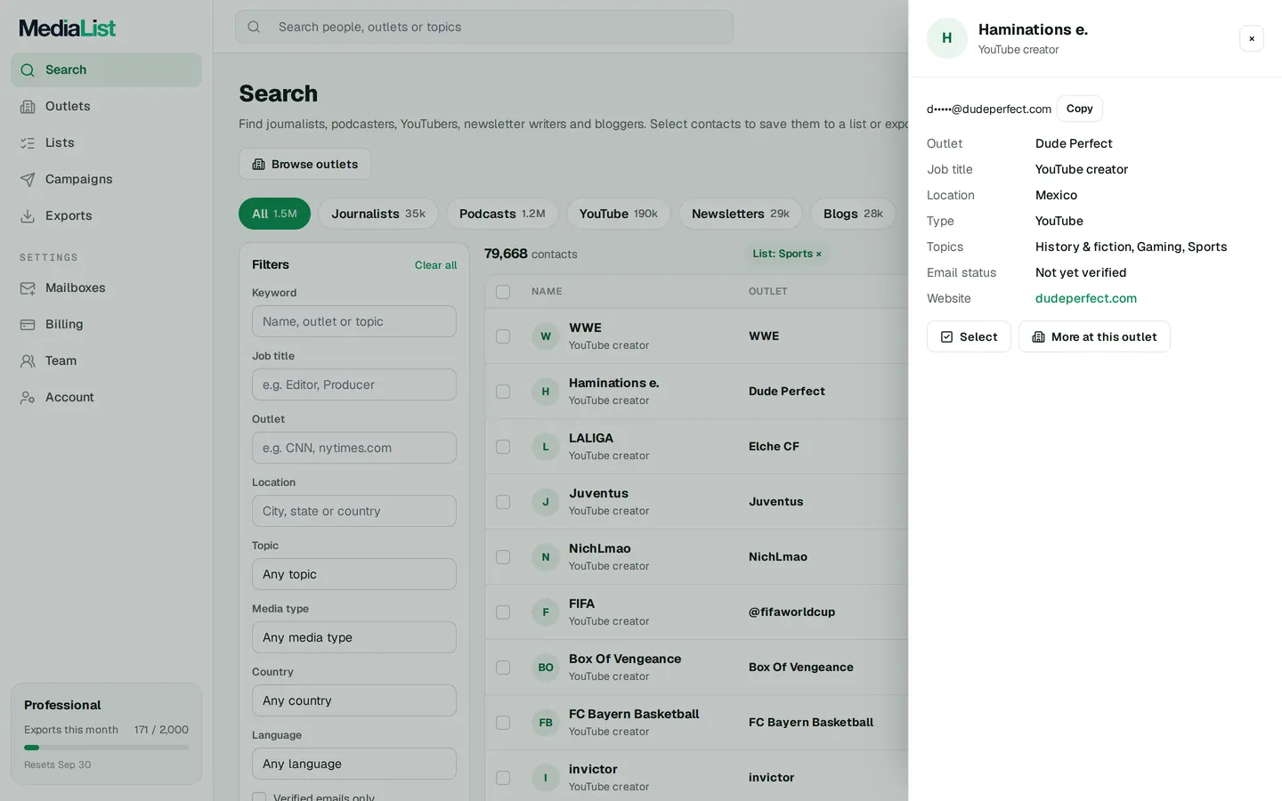 A contact opened in Media List, showing details and an unlocked email