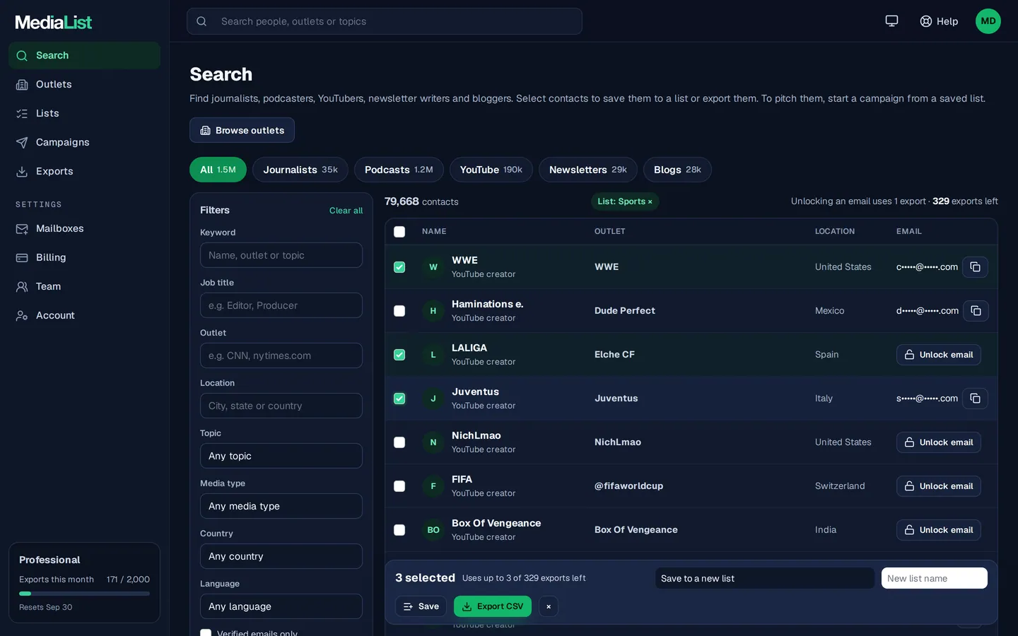 Media List search results with filters, showing contacts and verified emails