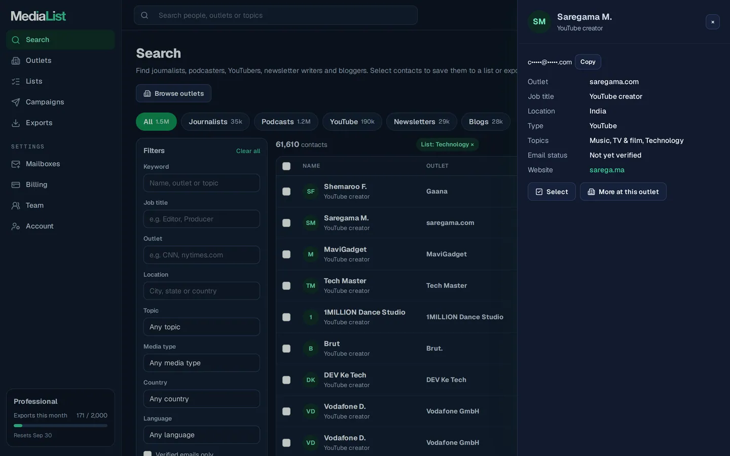 A contact opened in Media List, showing details and an unlocked email
