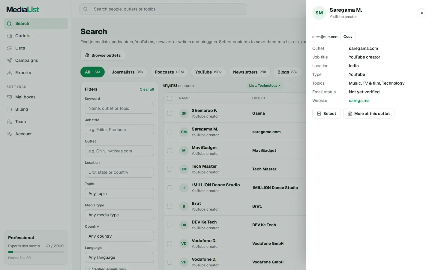 A contact opened in Media List, showing details and an unlocked email
