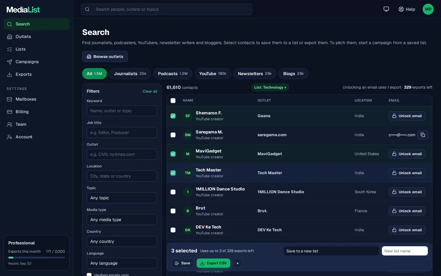 Media List search results with filters, showing contacts and verified emails