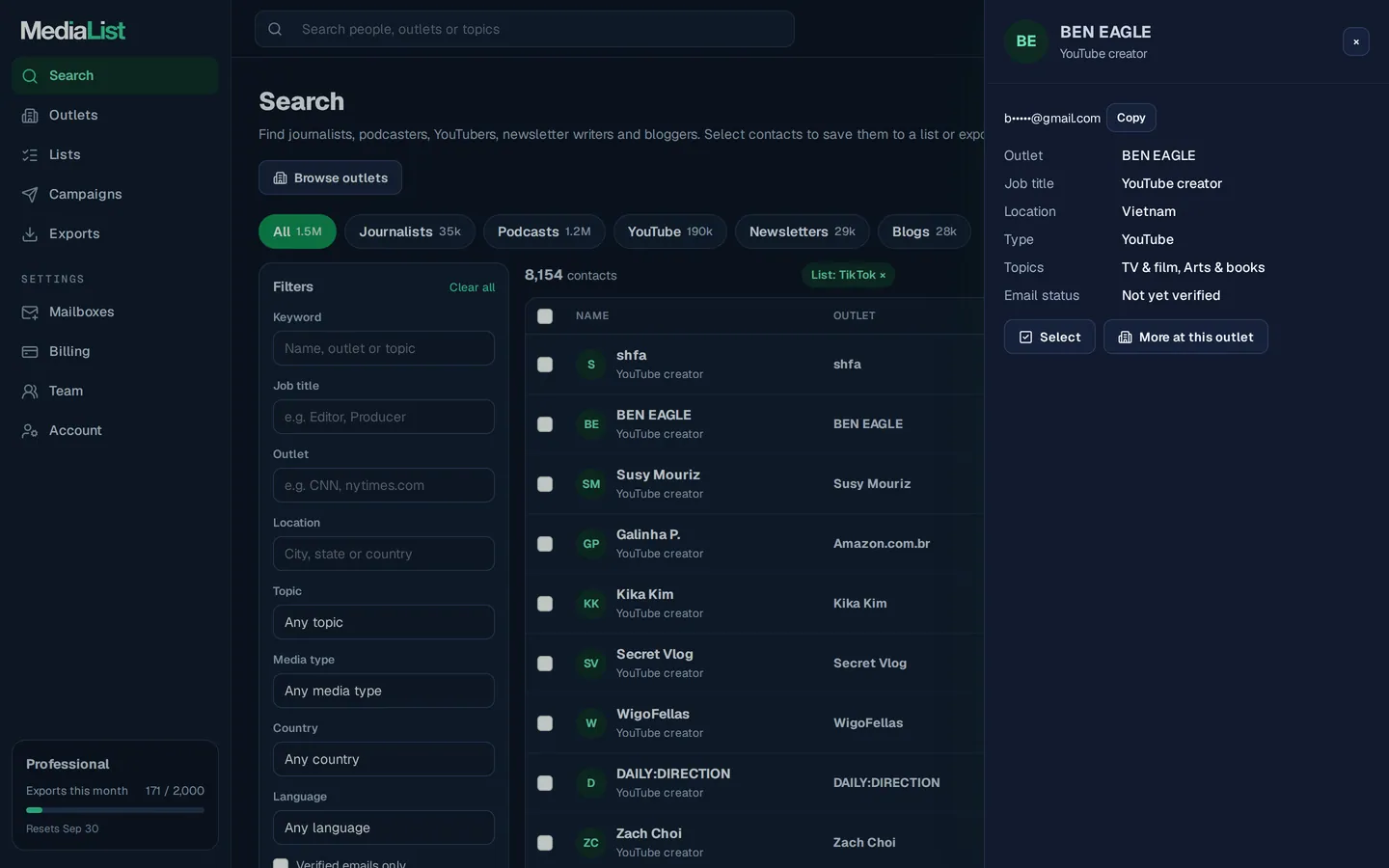 A contact opened in Media List, showing details and an unlocked email