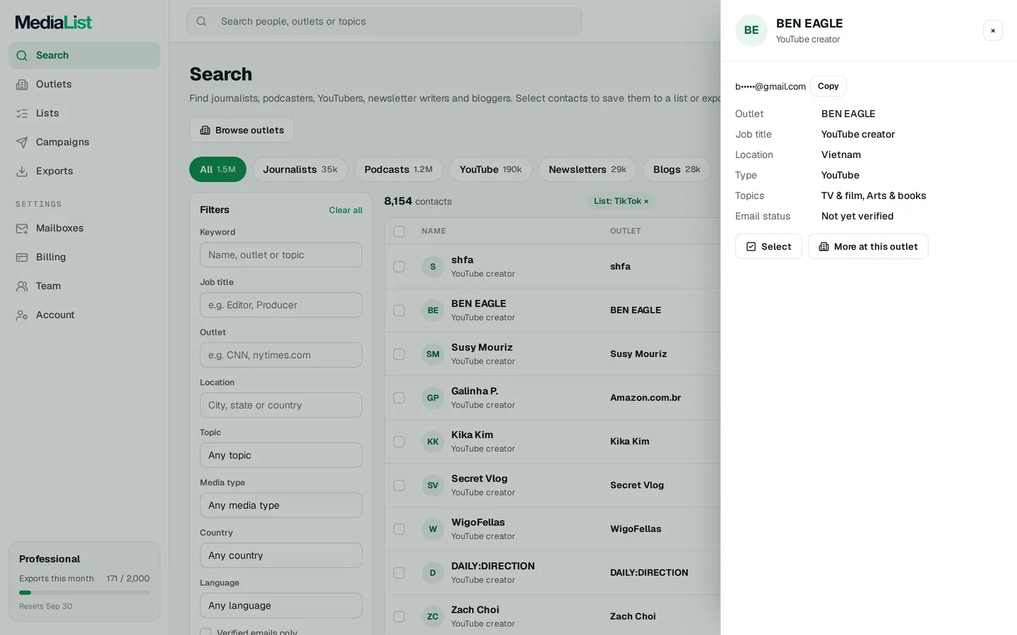A contact opened in Media List, showing details and an unlocked email