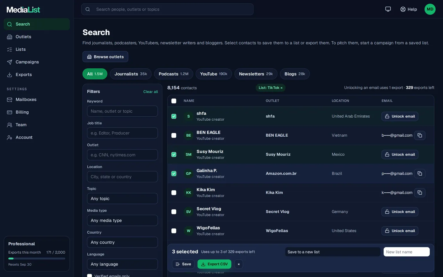 Media List search results with filters, showing contacts and verified emails