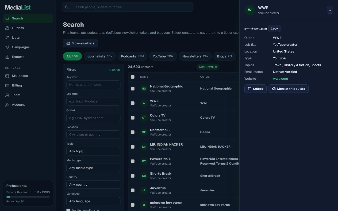 A contact opened in Media List, showing details and an unlocked email