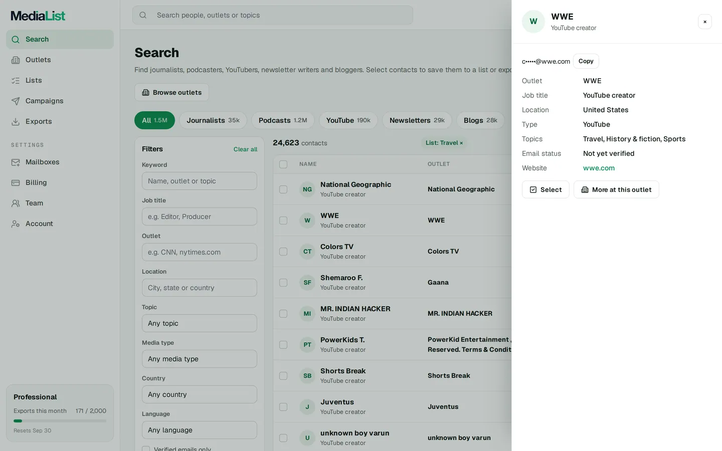 A contact opened in Media List, showing details and an unlocked email