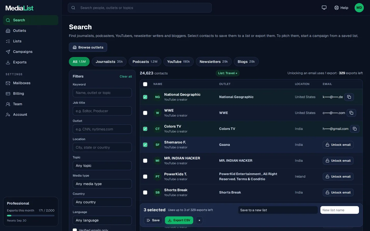 Media List search results with filters, showing contacts and verified emails