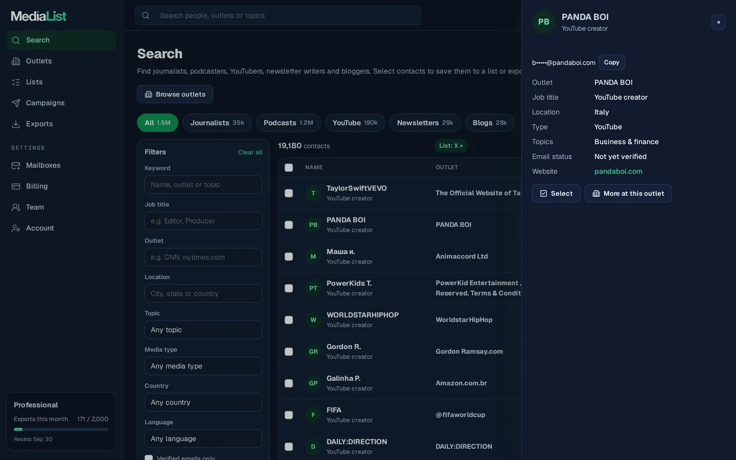 A contact opened in Media List, showing details and an unlocked email