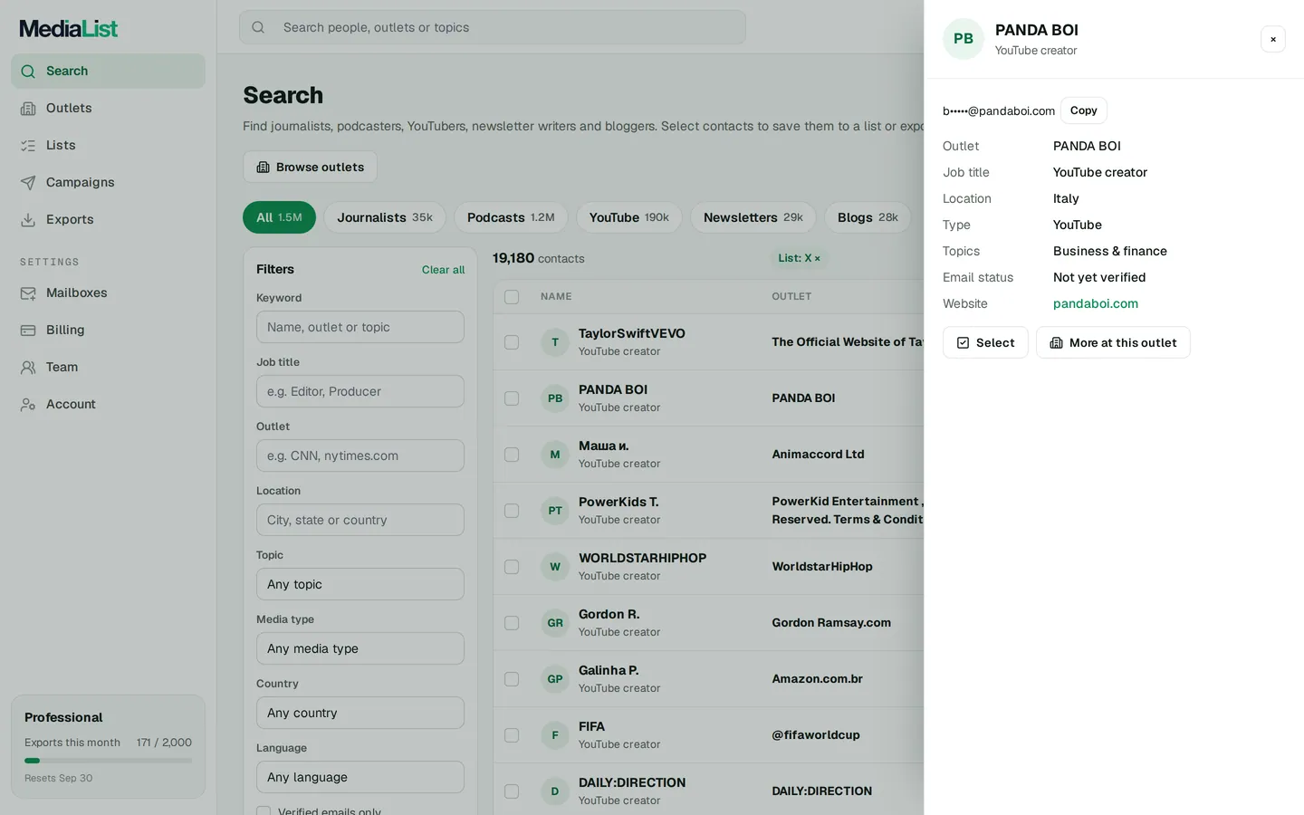 A contact opened in Media List, showing details and an unlocked email