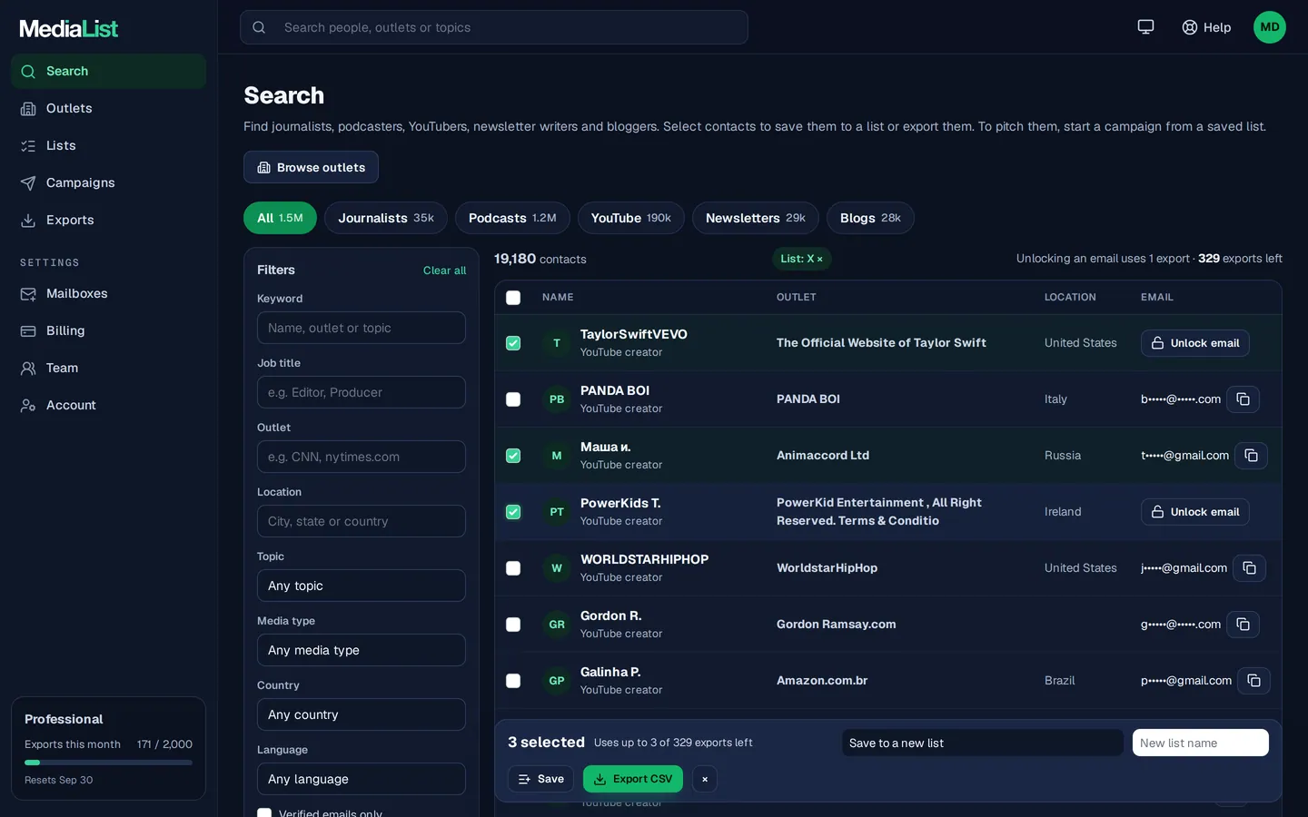 Media List search results with filters, showing contacts and verified emails