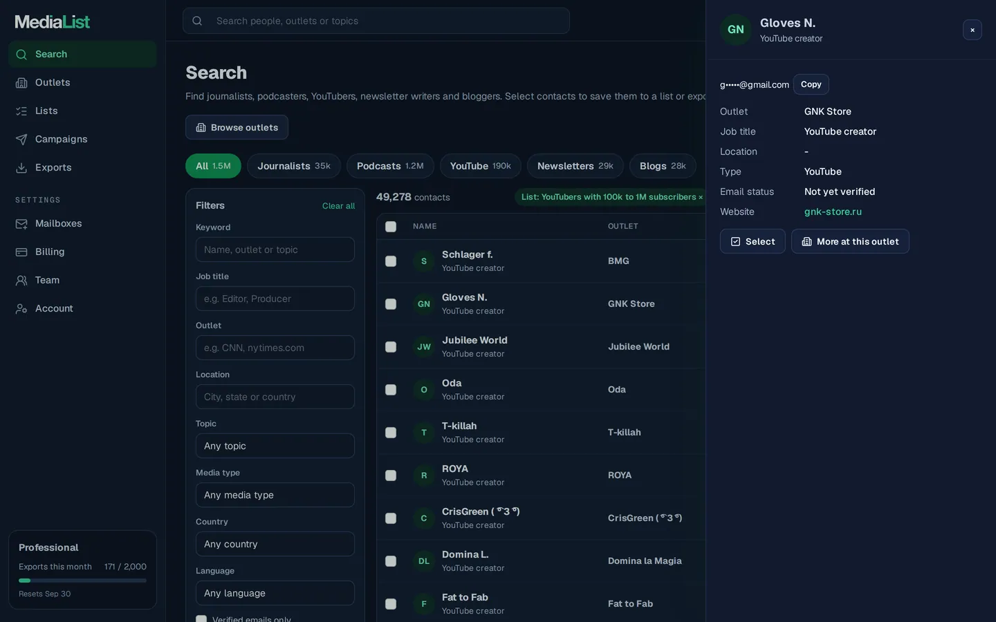 A contact opened in Media List, showing details and an unlocked email