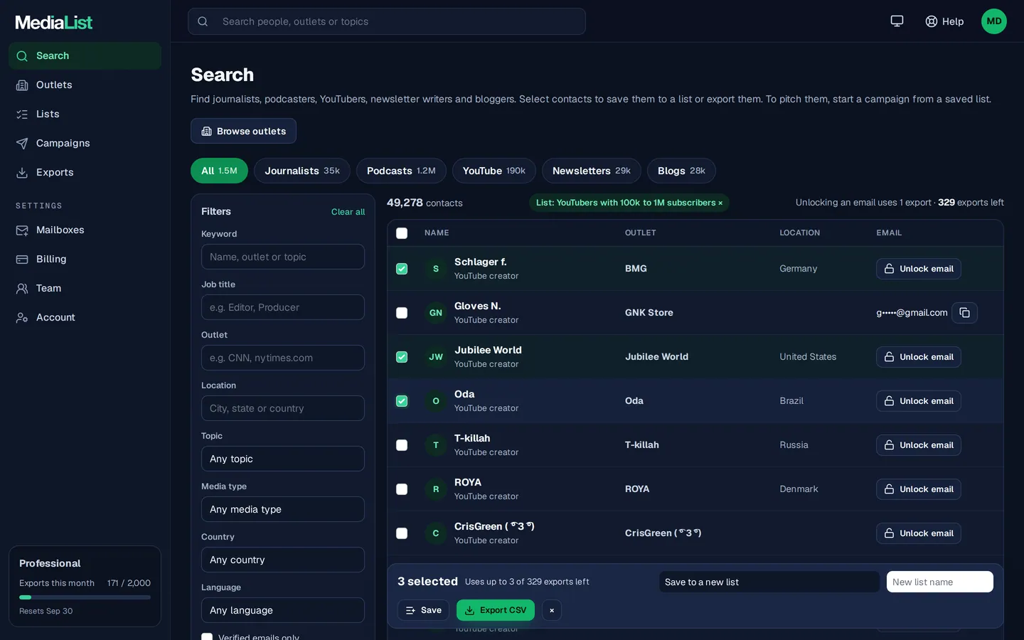 Media List search results with filters, showing contacts and verified emails