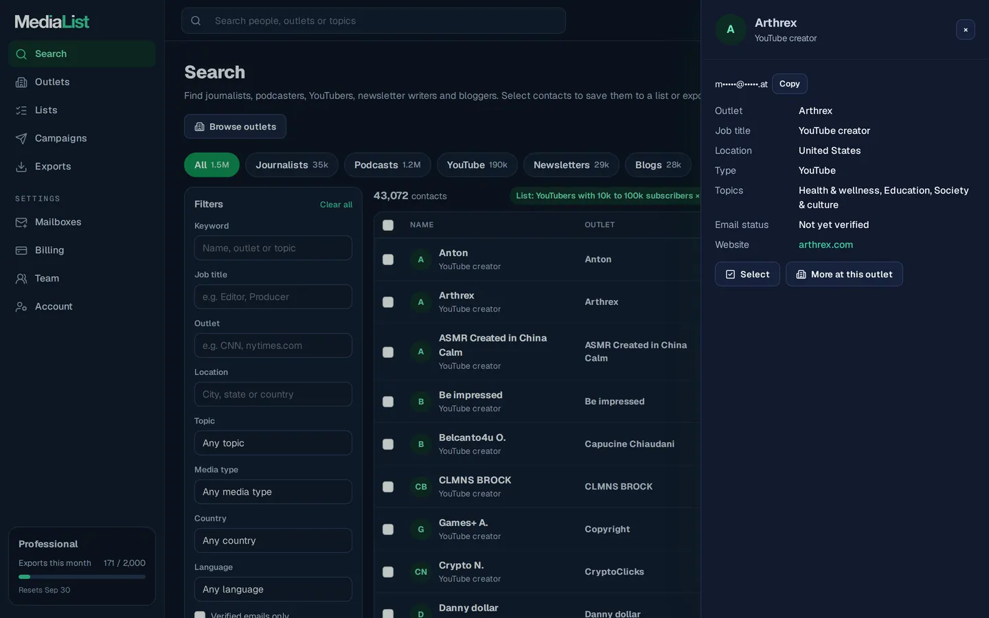 A contact opened in Media List, showing details and an unlocked email